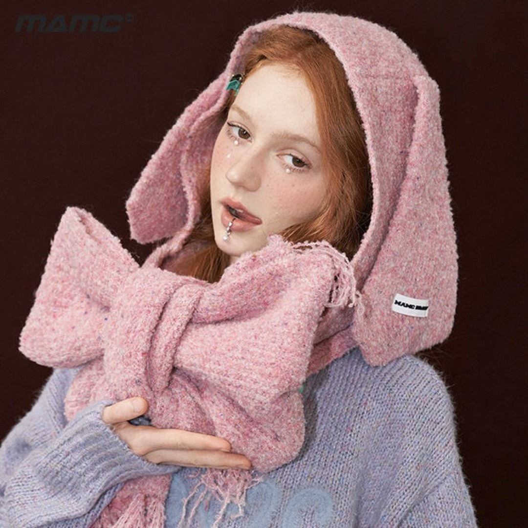 Katie(ケイティー)のMAMC 帽子付き マフラー ウサギ 耳 ピンク 大判 レディースのトップス(Tシャツ(半袖/袖なし))の商品写真