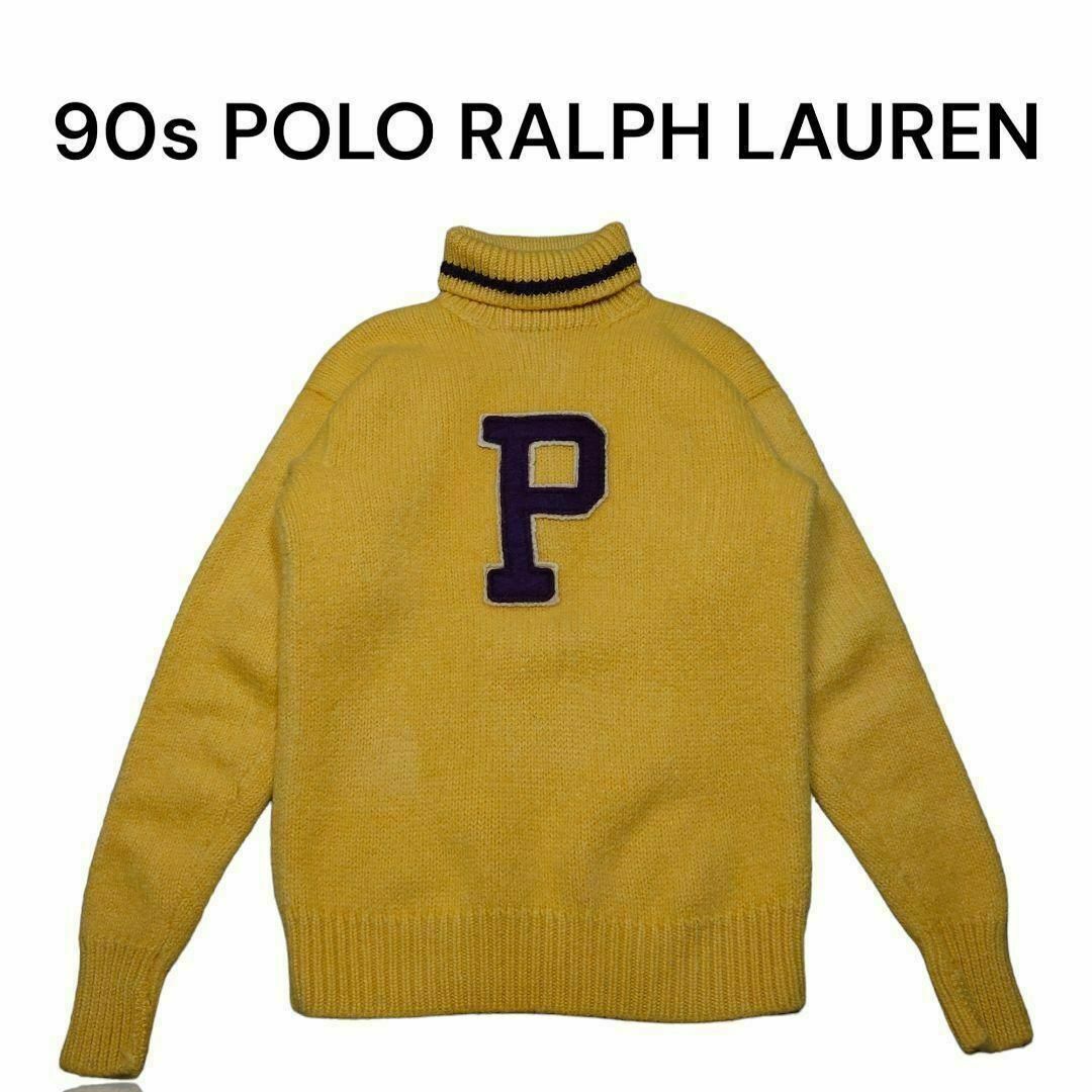 POLO RALPH LAUREN(ポロラルフローレン)の90sポロラルフローレン　ビッグロゴ刺繍ワッペン　ハイネックニットセーター　古着 メンズのトップス(ニット/セーター)の商品写真