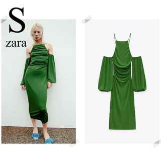 ザラ(ZARA)のzara ワンピース ドレス 緑 ギャザー スリーブ(ひざ丈ワンピース)