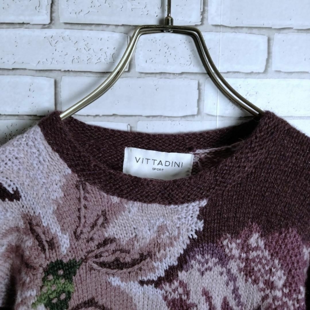 ハンドニット☆手編み　セーター　チュニック　ワンピース　ウール　刺繍　花　紫　緑 レディースのトップス(ニット/セーター)の商品写真