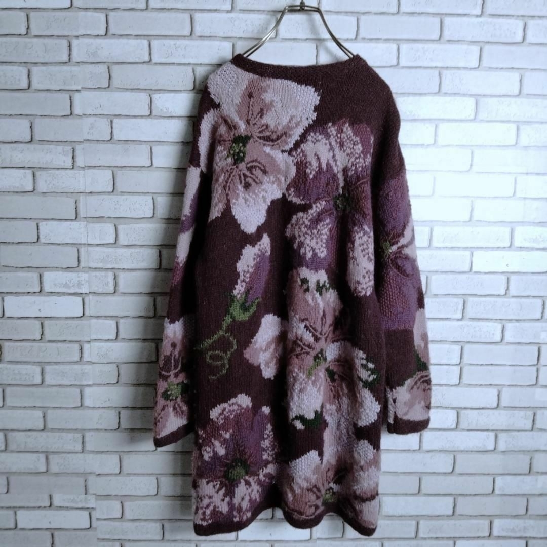 ハンドニット☆手編み　セーター　チュニック　ワンピース　ウール　刺繍　花　紫　緑 レディースのトップス(ニット/セーター)の商品写真