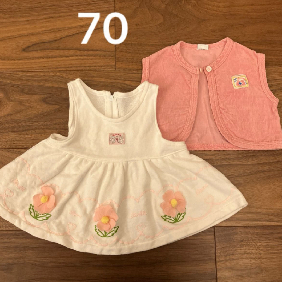 ベビー服　スカート　ワンピース　ベスト　白　ピンク　花　70 75 女の子 キッズ/ベビー/マタニティのベビー服(~85cm)(ワンピース)の商品写真