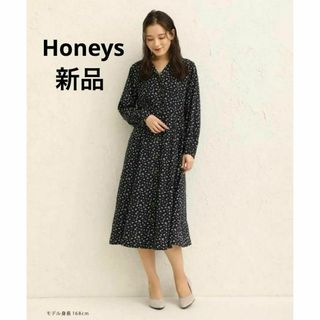 ハニーズ(HONEYS)の新品 ハニーズ 春ドレス オフィス デート 前開きワンピース 羽織り 黒色 M(ロングワンピース/マキシワンピース)