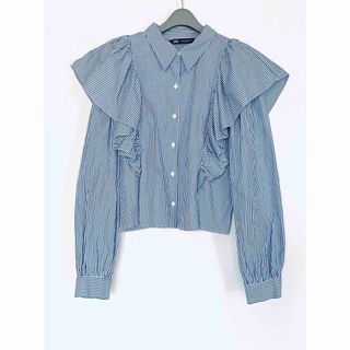 ザラ(ZARA)のZARA フリルブラウス　ストライプ　フリルシャツ　ショルダーフリル　春色可愛い(シャツ/ブラウス(長袖/七分))