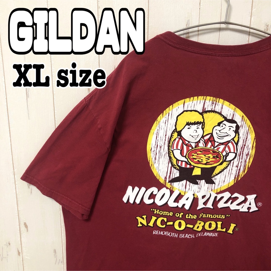 GILDAN(ギルタン)のGILDAN ギルダン ピザ バックプリント Tシャツ 半袖 赤 XL 海外古着 メンズのトップス(Tシャツ/カットソー(半袖/袖なし))の商品写真