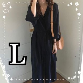 シャツワンピース　マキシ丈ワンピース　ロングワンピース　レディース　ネイビー　Ｌ(ロングワンピース/マキシワンピース)