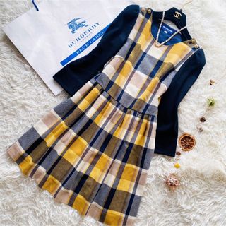 バーバリーブルーレーベル(BURBERRY BLUE LABEL)の高級 バーバリーブルーレーベル チェック フレア ウール ワンピース 38 黄(ひざ丈ワンピース)