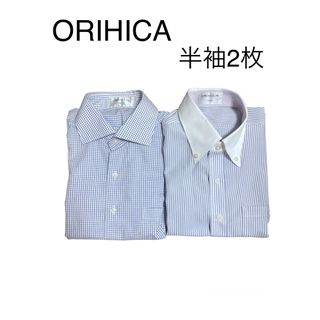 オリヒカ(ORIHICA)のORIHICA メンズ　ワイシャツ　半袖　チェック　ストライプ　ブルー　形状記憶(シャツ)