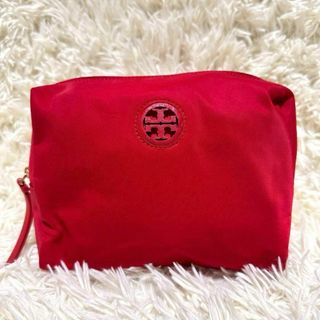 トリーバーチ(Tory Burch)のトリーバーチ メイクポーチ 小物入れ ロゴ 内側総柄 フリンジ 大容量 レッド(ポーチ)