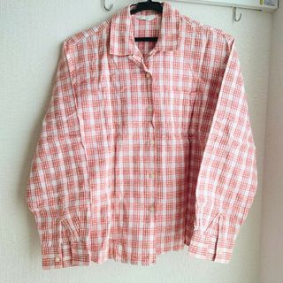 【美品】チェック柄長袖シャツ　オレンジ　赤(シャツ/ブラウス(長袖/七分))