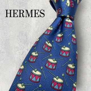 エルメス(Hermes)の美品 HERMES エルメス 太鼓柄 楽器柄 ネクタイ ネイビー 紺(ネクタイ)