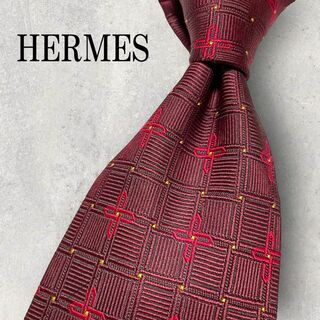 エルメス(Hermes)の美品 HERMES エルメス ジャガード 格子柄 チェック柄 ネクタイ ボルドー(ネクタイ)