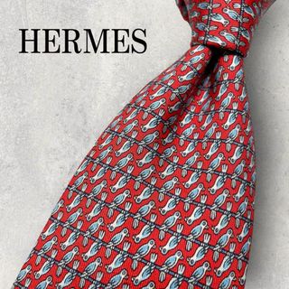 エルメス(Hermes)の美品 HERMES エルメス 鳥柄 ボーダー 総柄 ネクタイ レッド 赤(ネクタイ)