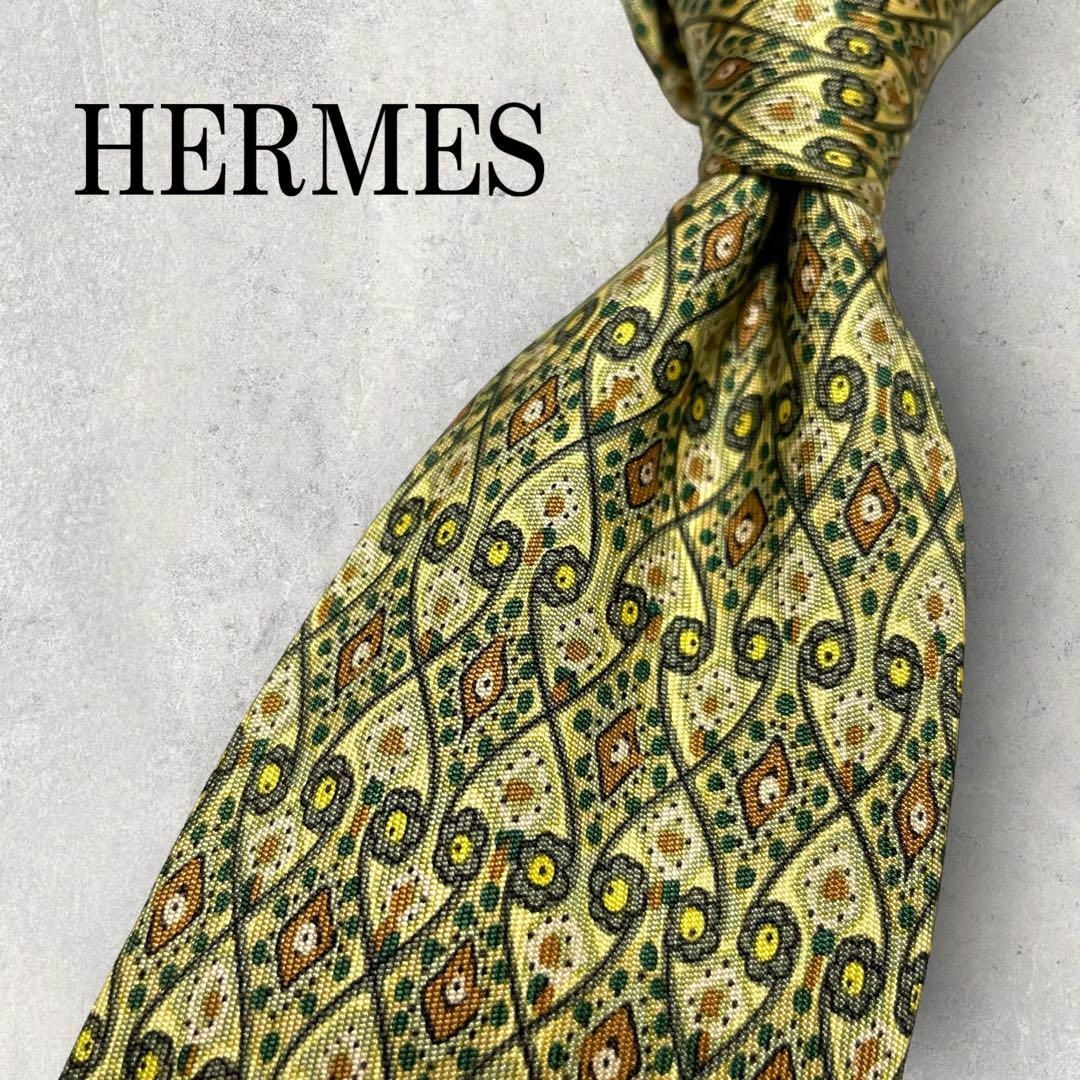 Hermes(エルメス)の美品 HERMES エルメス 花柄 パネル柄 植物 ネクタイ カーキ グリーン メンズのファッション小物(ネクタイ)の商品写真