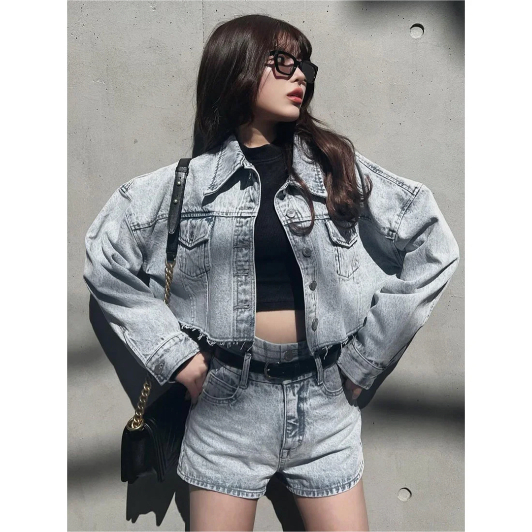 ダーリッチ ドロップショルダーショートGジャン ハイウエストデニムショートパンツ ダーリッチ ドロップショルダーショートGジャン ハイウエストデニムショートパンツ