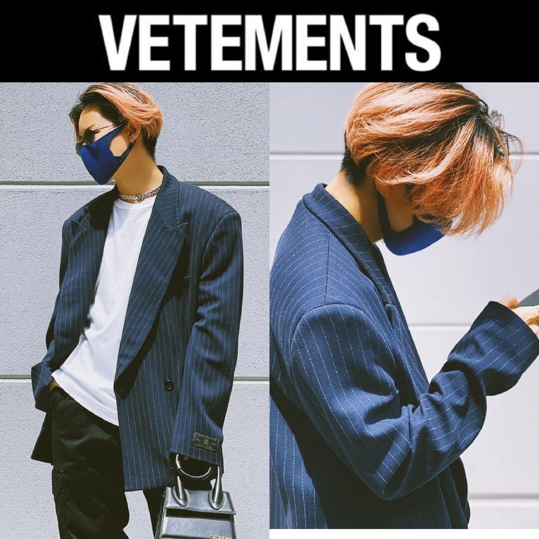 VETEMENTS(ヴェトモン)のヴェトモン オーバーサイズ ストライプジャケット S ダブル ネイビー ブレザー メンズのジャケット/アウター(テーラードジャケット)の商品写真