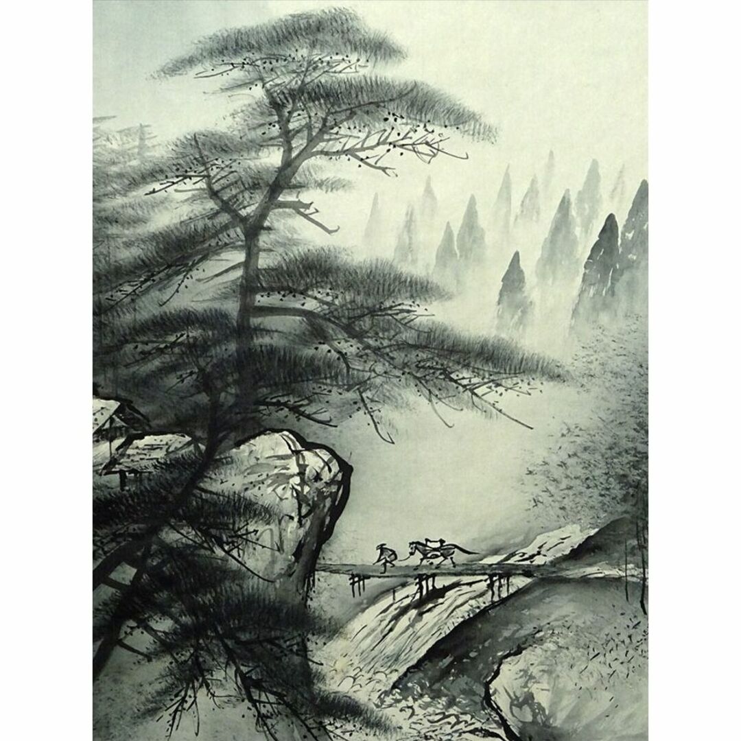 掛軸 狩野派直系 稲川光風『水墨山水』絹本 肉筆 共箱 二重箱付 掛軸 狩野派直系 稲川光風『水墨山水』絹本 肉筆 共箱 二重箱付