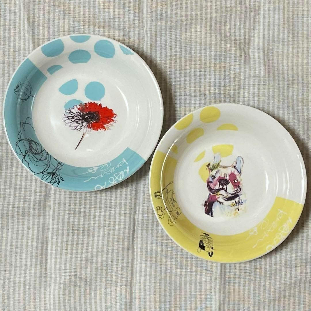 新品未使用】フレンチブルドッグとお花のお皿 2枚セット 北村直澄