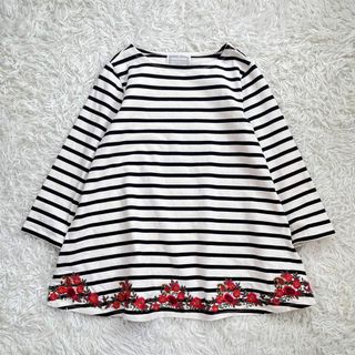 ビアズリー(BEARDSLEY)の【美品】ビアズリー　ボーダー柄 長袖カットソー　花柄 フラワー刺繍　Aライン(Tシャツ(長袖/七分))