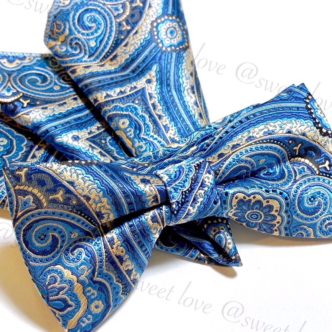 蝶ネクタイ ポケットチーフ2点セット/メンズ/ブルーペイズリー メンズのファッション小物(ネクタイ)の商品写真