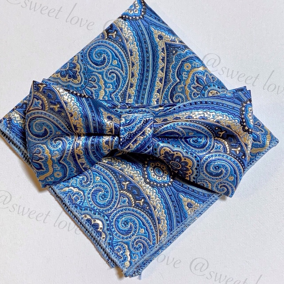 蝶ネクタイ ポケットチーフ2点セット/メンズ/ブルーペイズリー メンズのファッション小物(ネクタイ)の商品写真