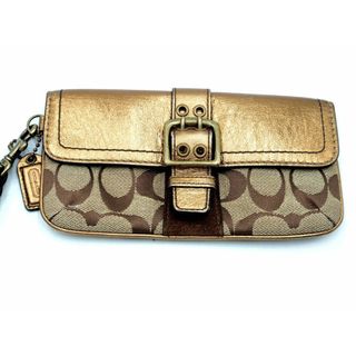 コーチ(COACH)のCOACH コーチ キャンバス シグネチャー フラップ ミニ ポーチ ゴールドｘベージュ ■■ レディース(ポーチ)