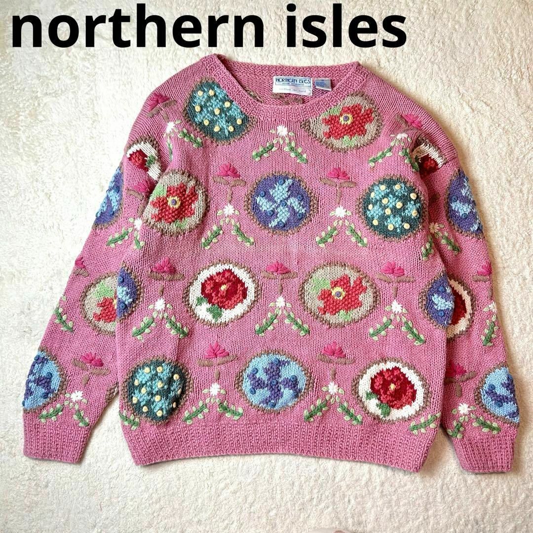 northern isles ハンドメイド 花柄刺繍ニット 一点物 ピンク M