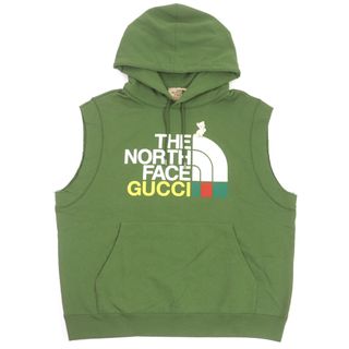 グッチ(Gucci)の極美品 GUCCI グッチ THE NORTH FACE 663243 コットン ロゴプリント ノースリーブ カットオフ フーディー パーカー カーキ L イタリア製 正規品 メンズ(パーカー)