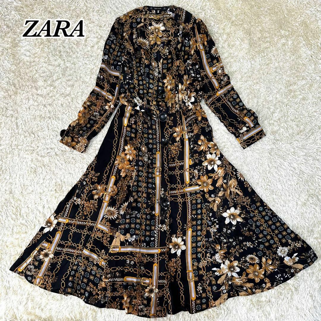 ZARA(ザラ)のZARA ザラ スカーフ柄 花柄 チェーン ロングワンピース シャツワンピース レディースのワンピース(ロングワンピース/マキシワンピース)の商品写真