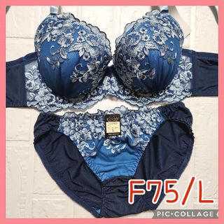 新品未使用 ブラジャーショーツセット F75/L 10284 青×ネイビー 脇高(ブラ&ショーツセット)