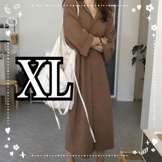 シャツワンピース　マキシ丈ワンピ　ロングワンピース　レディース　ブラウン　XL(ロングワンピース/マキシワンピース)