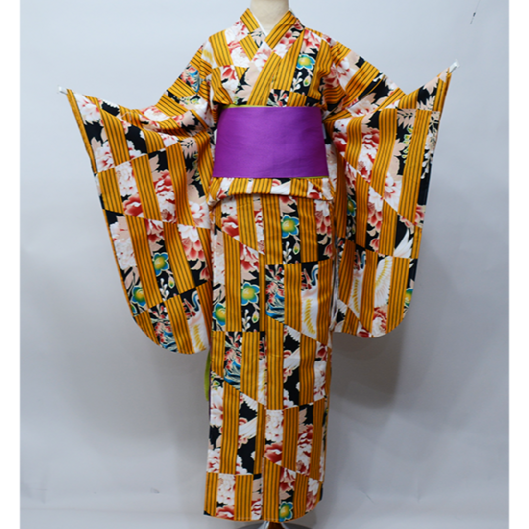 二尺袖着物 単品 仕立て上がり 合繊 百花斉放 山吹色 NO31389-4