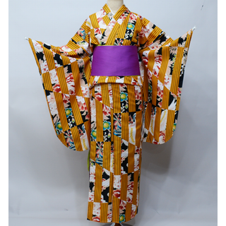 二尺袖着物 単品 仕立て上がり 合繊 百花斉放 山吹色 NO31389-4(振袖)