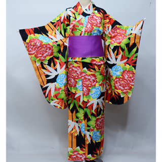 二尺袖着物 単品 仕立て上がり 合繊 百花斉放 黒地 卒業式 NO31382-4(振袖)
