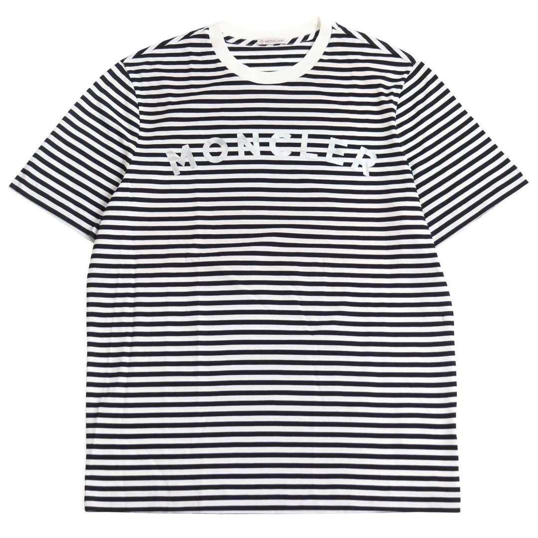 MONCLER(モンクレール)の極美品 MONCLER モンクレール 2020年製 G10918C7E010 829GR MAGLIA T-SHIRT コットン100% フロントロゴプリント 半袖Ｔシャツ/カットソー ホワイト ブラック ボーダー柄 S 正規品 メンズのトップス(Tシャツ/カットソー(半袖/袖なし))の商品写真