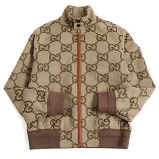 グッチ(Gucci)の極美品 GUCCI グッチ 2022年製 680812 ジャイアントGGキャンバス レザーパイピング ハイネック ブルゾン/ジャケット ベージュ ブラウン 44 イタリア製 正規品 メンズ(ブルゾン)