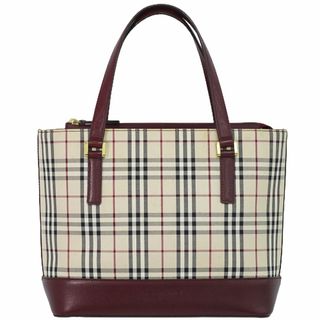 バーバリー(BURBERRY)の本物 バーバリー BURBERRY チェック トートバッグ ハンドバッグ キャンバス レザー ベージュ ボルドー バッグ 中古(トートバッグ)