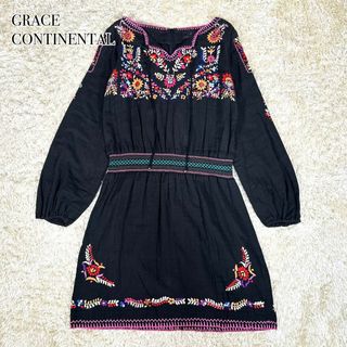 グレースコンチネンタル(GRACE CONTINENTAL)のGRACE CONTINENTAL 刺繍 花柄 ひざ丈 ワンピース ブラック(ひざ丈ワンピース)