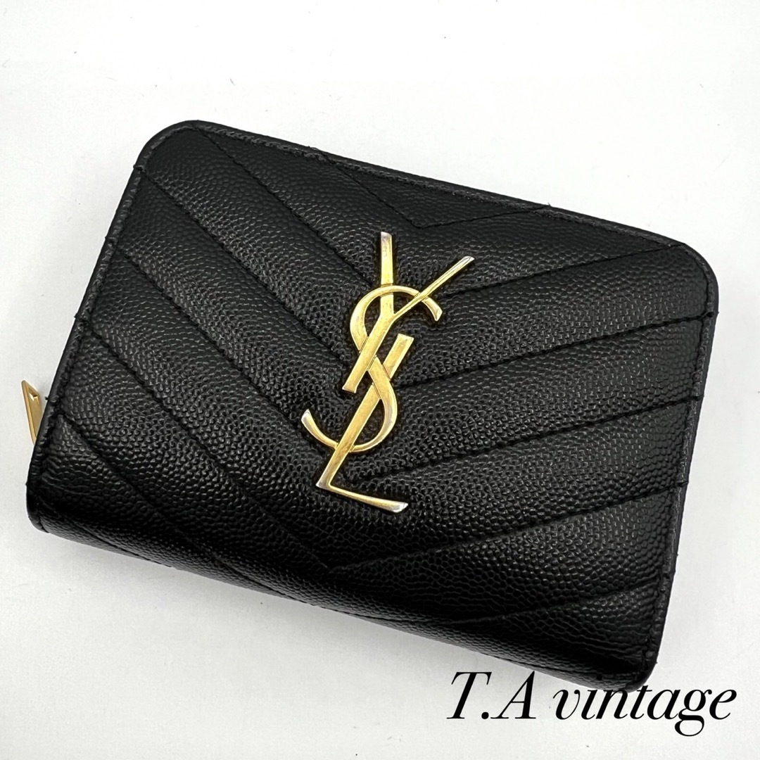 Saint Laurent(サンローラン)の美品！サンローラン　パリ　Vステッチ　YSL  コンパクト　折り財布　ブラック レディースのファッション小物(財布)の商品写真