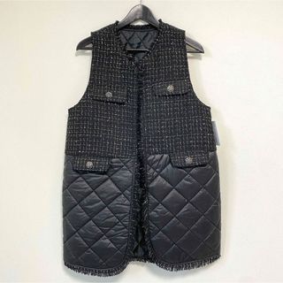 新品✴︎ツイードキルティング切替ロングジレ　ブラック(ベスト/ジレ)