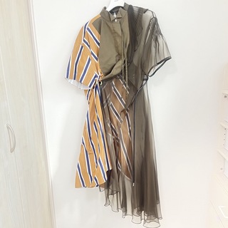 Sacai サカイ 22AW Wool Knit Chalk Stripe Dress ウールニット ストライプドレス ワンピース ネイビー/ベージュ 22-06327 レディース