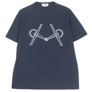 エルメス(Hermes)の極美品 HERMES エルメス コットン100％ エンブロイダリー 刺繍デザイン クルーネック カットソー 半袖Ｔシャツ ネイビー M イタリア製 メンズ(Tシャツ/カットソー(半袖/袖なし))