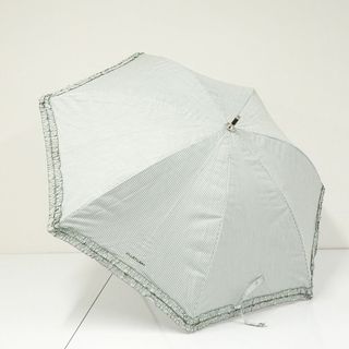 ジルスチュアート(JILLSTUART)の晴雨兼用日傘 JILL STUART ジルスチュアート USED美品 ストライプ 二段フリル グリーン ロゴ刺繍 遮光 遮熱 UV グラス骨 50cm S A0311(傘)