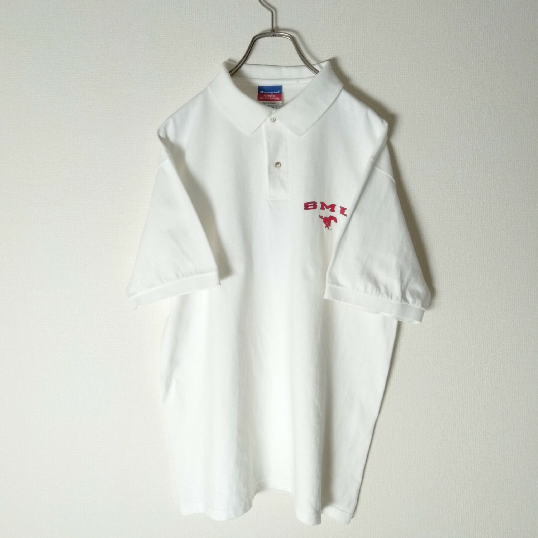 【Champion ポロシャツ M ハーフボタン 刺繍ロゴ 海外古着 A671 メンズのトップス(ポロシャツ)の商品写真