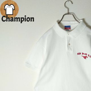 【Champion ポロシャツ M ハーフボタン 刺繍ロゴ 海外古着 A671(ポロシャツ)