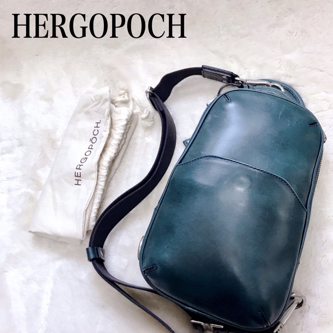 HERGOPOCH(エルゴポック)の美品 HERGOPOCH オールレザー ボディバッグ ショルダーバッグ グリーン メンズのバッグ(ボディーバッグ)の商品写真