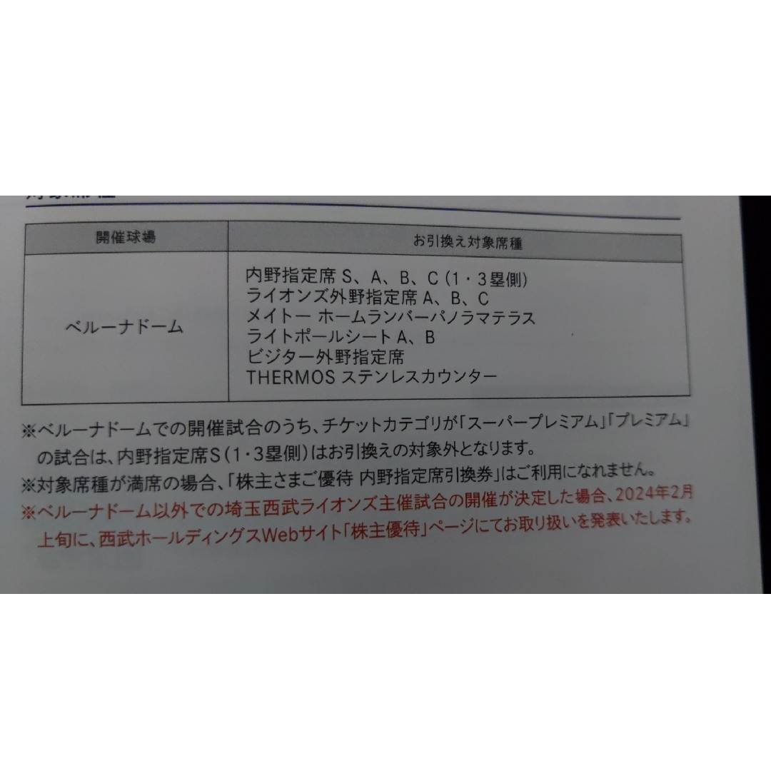 埼玉西武ライオンズ(サイタマセイブライオンズ)の西武株主優待･埼玉西武ライオンズ内野指定席引換券３枚(ベルーナドーム) チケットの優待券/割引券(その他)の商品写真