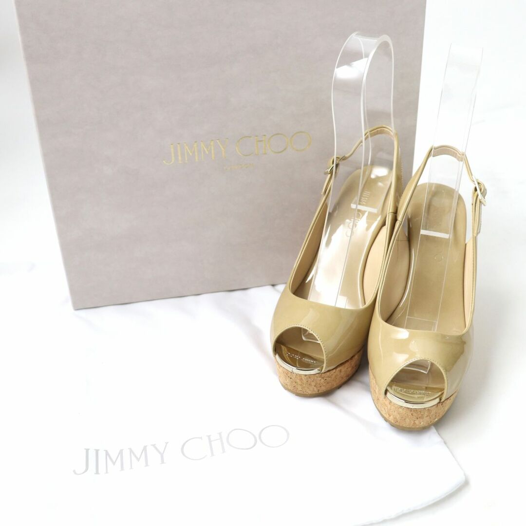 JIMMY CHOO(ジミーチュウ)の極美品☆ジミーチュウ 365PROVA オープントゥ コルクソール バックストラップ パテントレザー サンダル ベージュ 35 伊製 箱・保存袋 レディースの靴/シューズ(サンダル)の商品写真