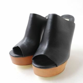 ステラマッカートニー(Stella McCartney)の極美品☆Stella McCartney ステラマッカートニー オープントゥ チャンキーヒール レザー/ウッド サンダル ブラック 36 伊製 箱・保存袋付き(サンダル)