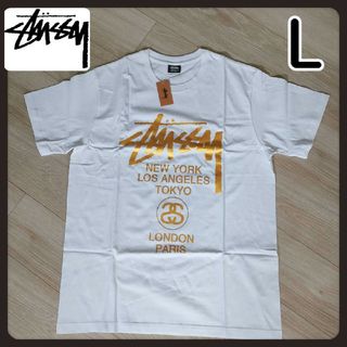 ステューシー(STUSSY)のステューシー Tシャツ 半袖 STUSSY メンズ ワールドツアーゴールドL(Tシャツ/カットソー(半袖/袖なし))